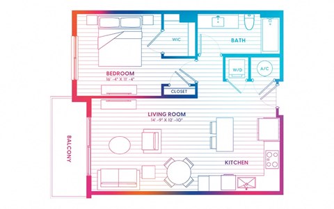 Floor plan for 1 bed, 1 bath, 700 sqft